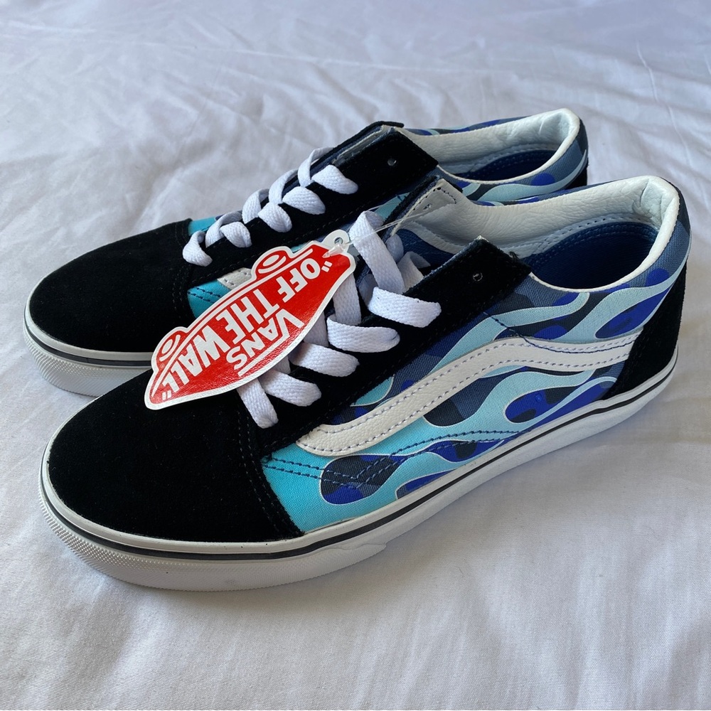 New Vans Old Skool Black with Blue Flames